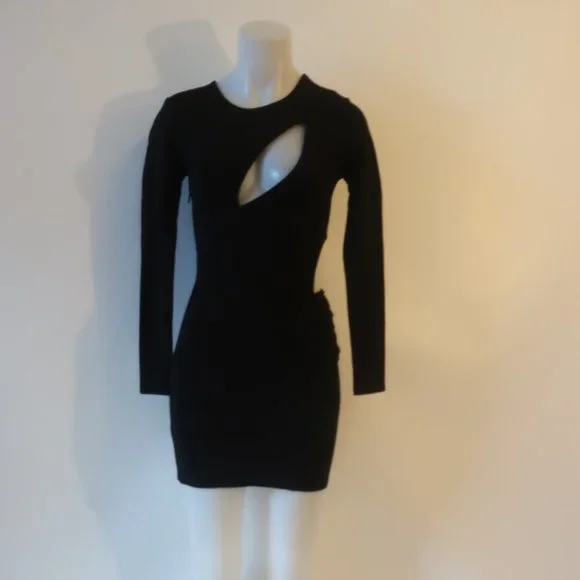 white christmas dresses Berylove Women Black Pencil Work Dress Long Sleeve Cut-Out Semi-Formal Dress  With Slit